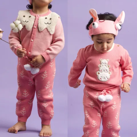 Greendeer Adorable Bear Family and Wisker Jacquard Sweater Set of 3 100% Cotton Skin Friendly - Pink