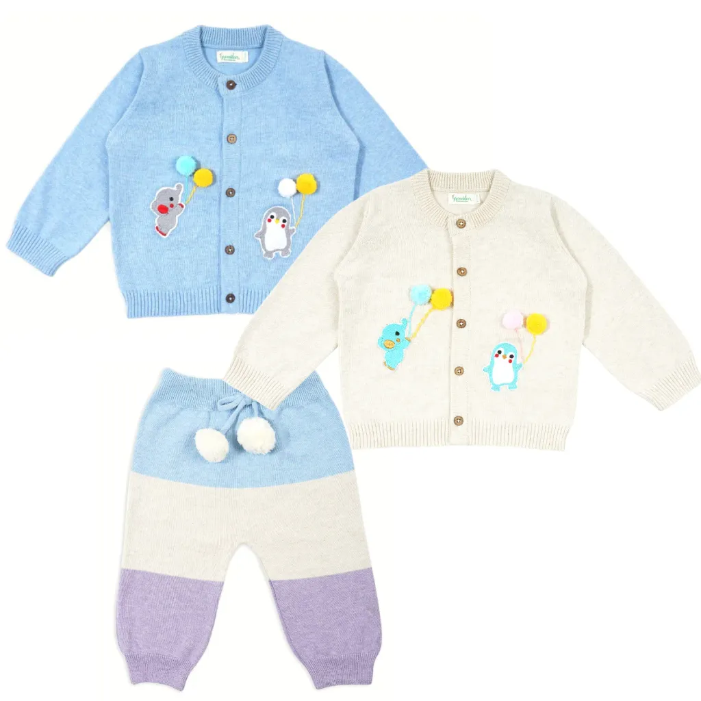 Greendeer Happy Ballon Sweater and Lower Combo - Blue and Organic White  - Set of 3