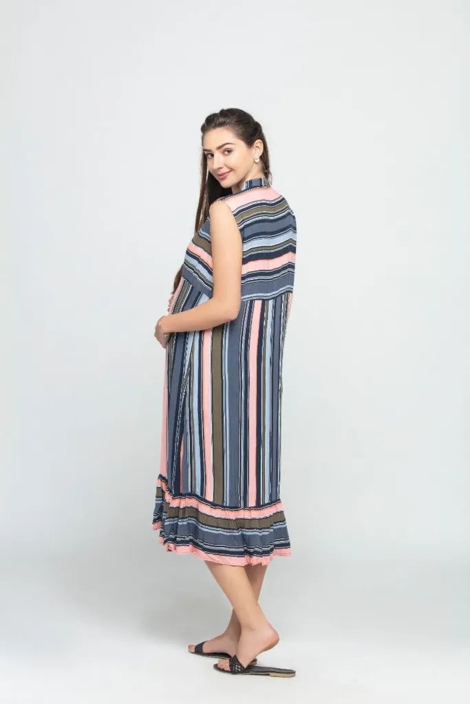 Charismomic Multi Stripe Curie Maternity/ Nursing A line Dress