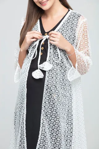 CHARISMOMIC Full Sleeves Thread Floral Lace Maternity Kimono Jacket - White