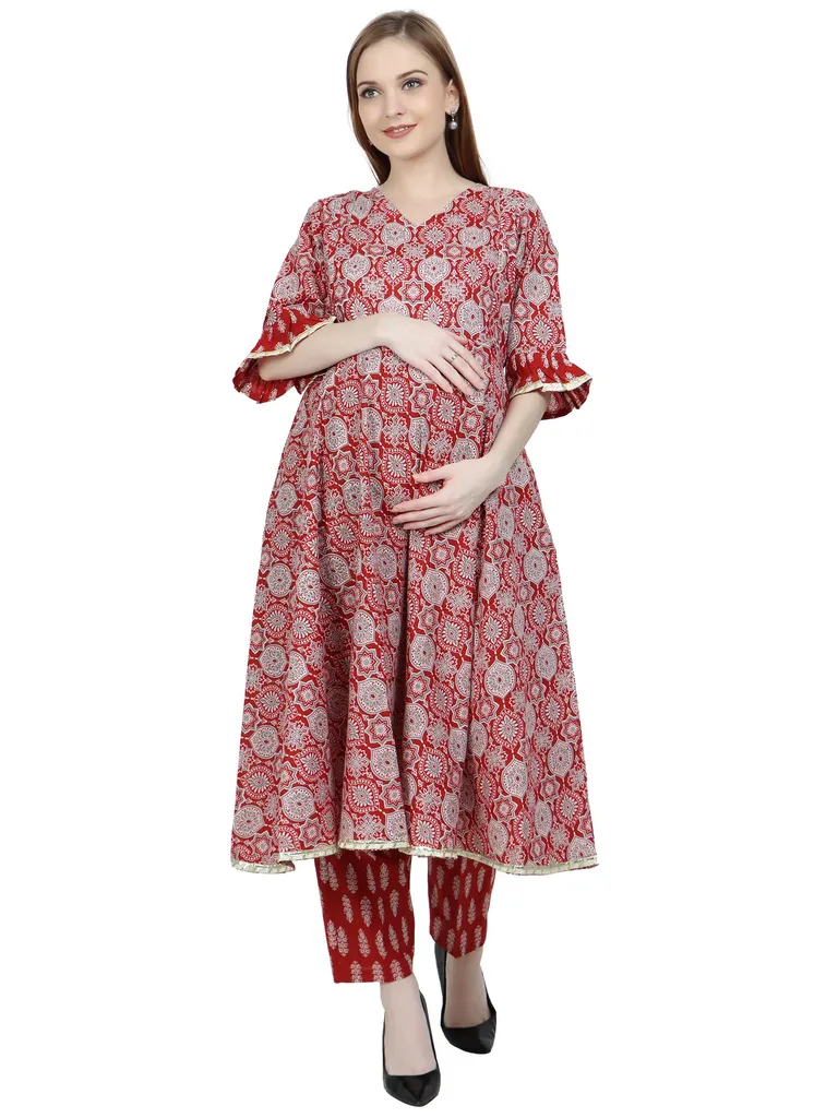 Moms Ever Maternity and Feeding Kurta Set | Pure Cotton | Red