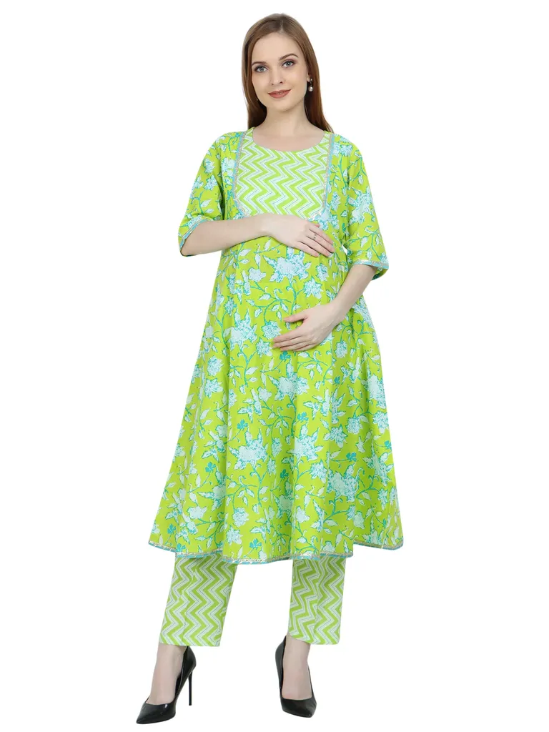 Moms Ever Maternity and Feeding Kurta Set | Pure Cotton | Green