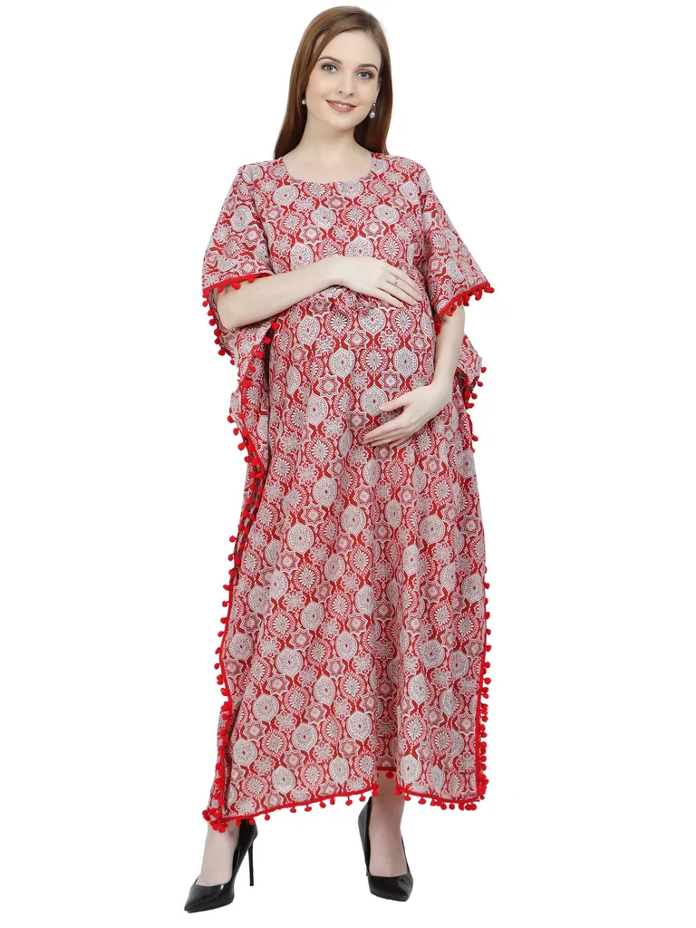 Moms Ever Maternity and Feeding Kaftan Full Length | Pure Cotton | Red