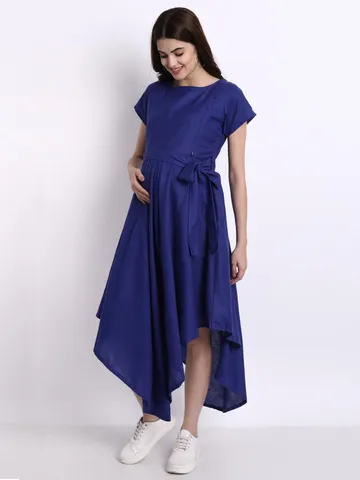 Momoms Maternity Solid Blue Maternity & Nursing Maxi Dress with a belt and pockets Regular price