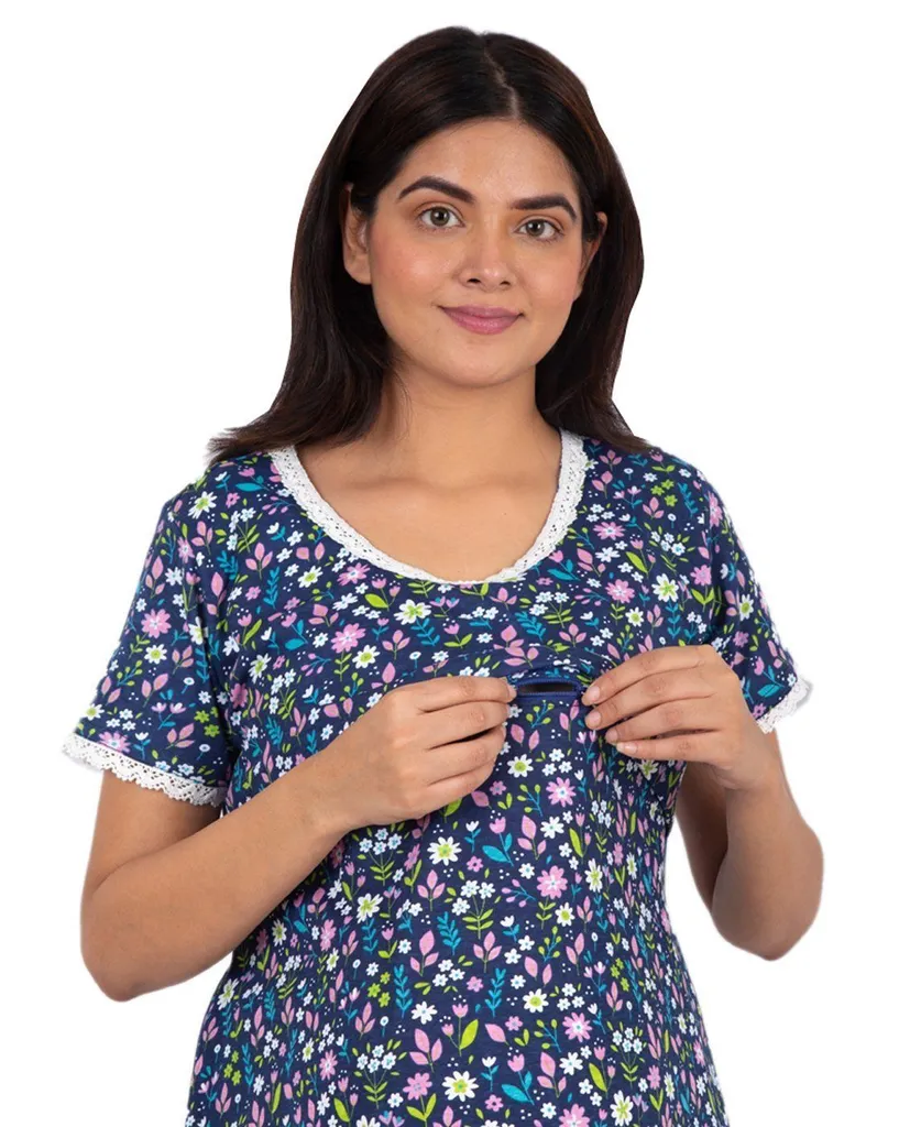 Morph Maternity Blue Floral Feeding Night Gown With Horizontal Nursing Under The Flap.