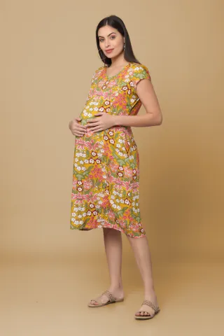 Morph Maternity Stylish Mustard Floral Maternity & Feeding Dress