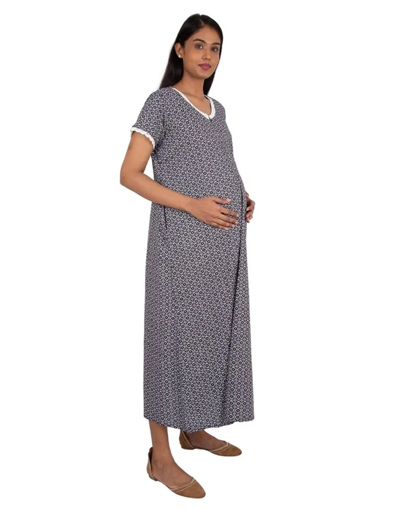 Morph Maternity Black Abstract Print Feeding Night Gown With Vertical Nursing