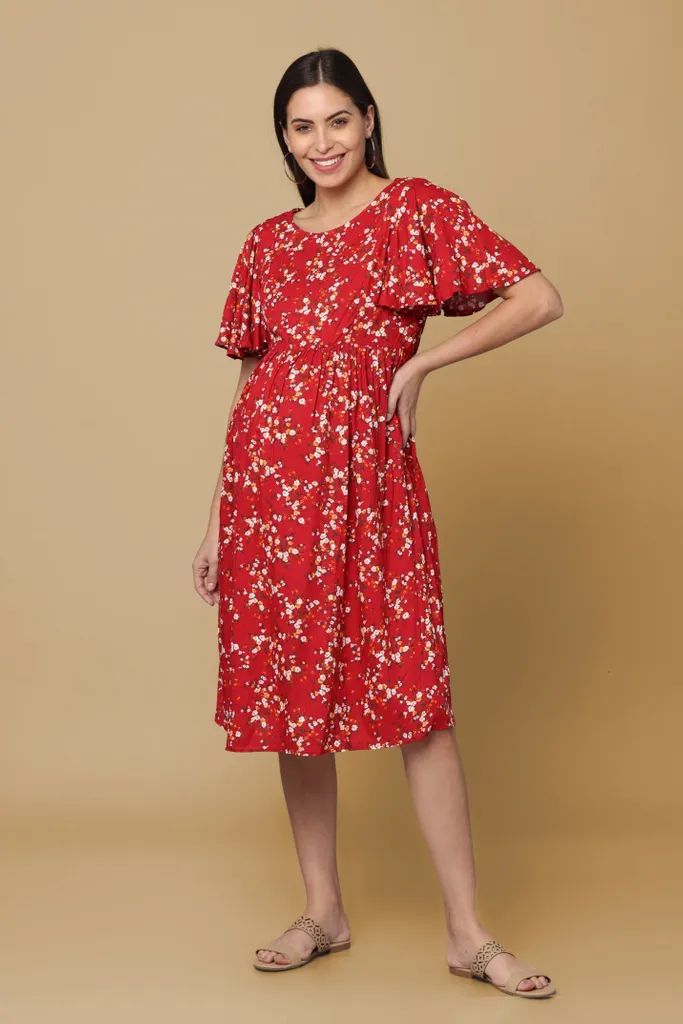 Morph Maternity Red Floral Maternity & Feeding Dress
