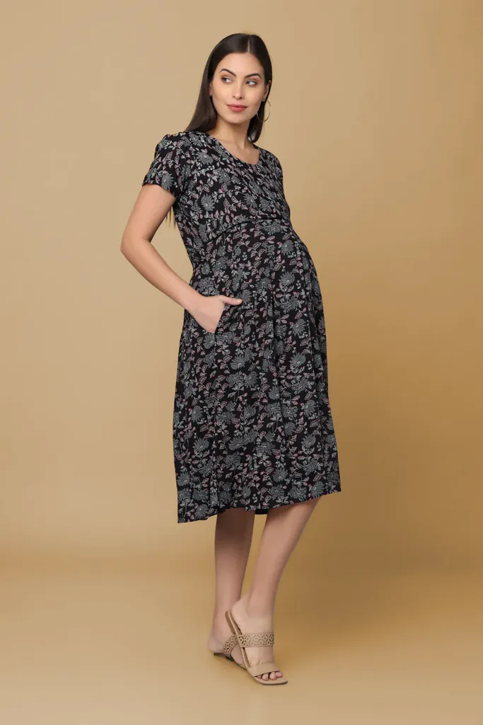 Morph Maternity Black Floral Box Pleats Maternity & Feeding Dress