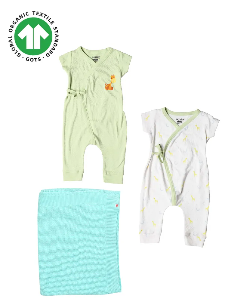 Greendigo Organic Cotton Baby Onesie Bodysuit Rompers and blanket for babies (Pack of 3)