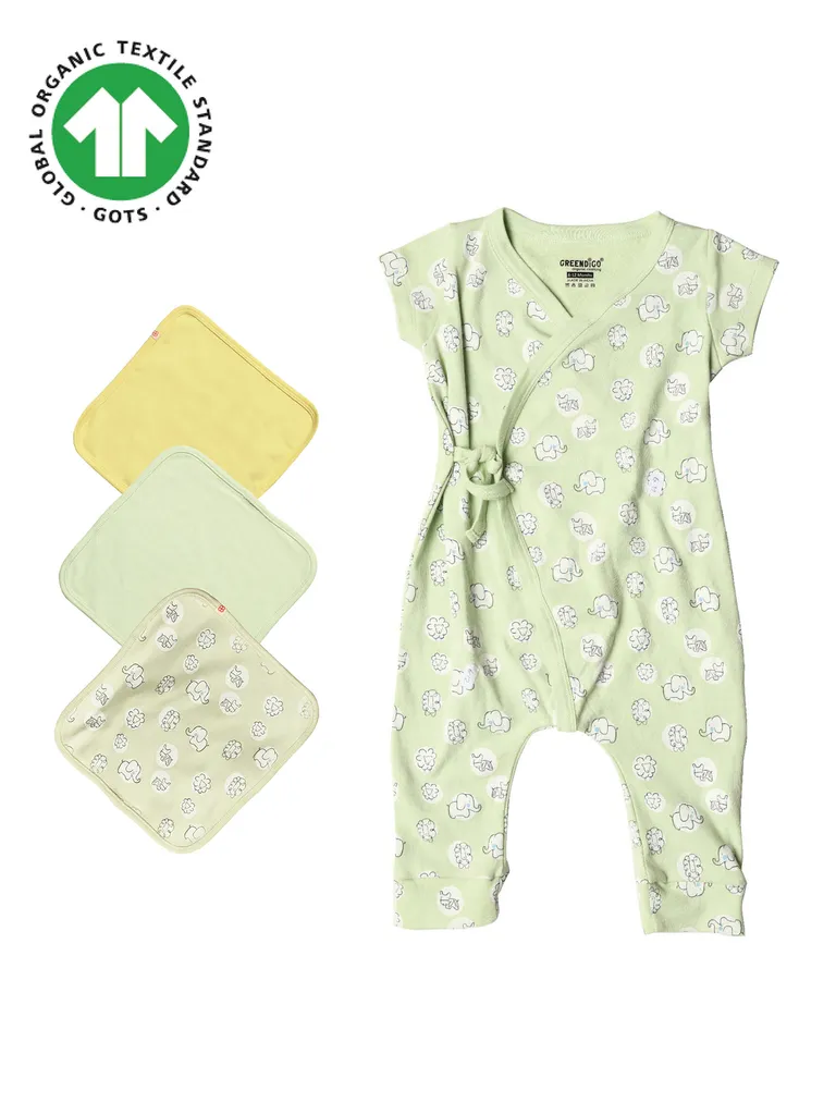 Greendigo Organic Cotton Baby Onesie Bodysuit Rompers with burp cloths (Pack of 4)