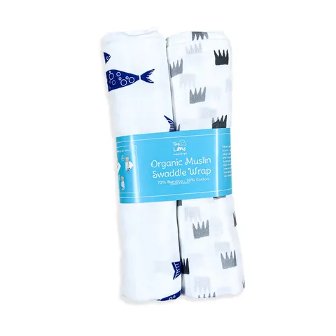TinyLane 100% Organic Bamboo Cotton Muslin Baby Swaddle Wrappers Crown & Fish Print Pack of 2- Multicolor