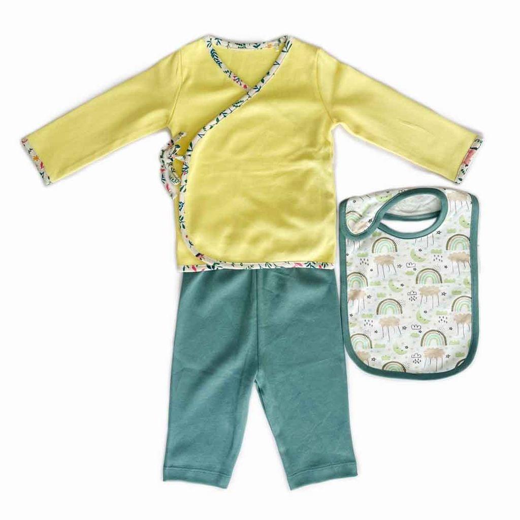 Tiny Lane Adorable and Comfortable Baby Clothing "Lime & Lemony Sets" - Yellow Jhabla, Teal Pant, & Rainbow Bib