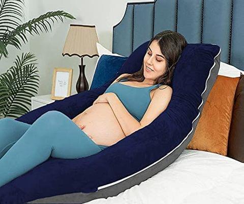 Mom's Moon Full Body Support Pregnancy Pillow/Maternity Breastfeeding Pillow for Pregnant Women Velvet U Shaped Reversible (Grey & Dark Blue)