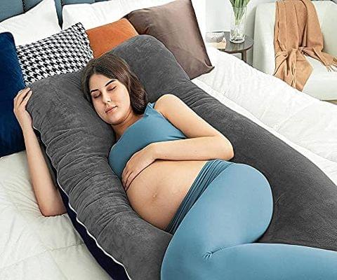 Mom's Moon Full Body Support Pregnancy Pillow/Maternity Breastfeeding Pillow for Pregnant Women Velvet U Shaped Reversible (Grey & Dark Blue)