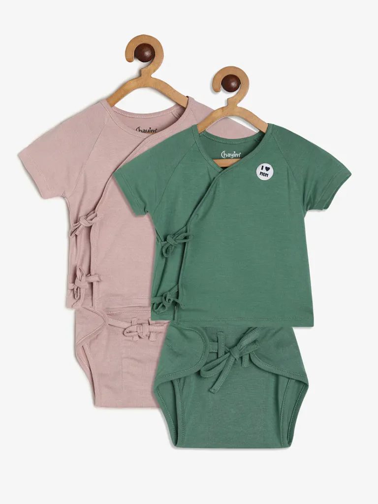 Chayim  Baby Over lap Jhabla and Nappy Set Green,Sea Shell