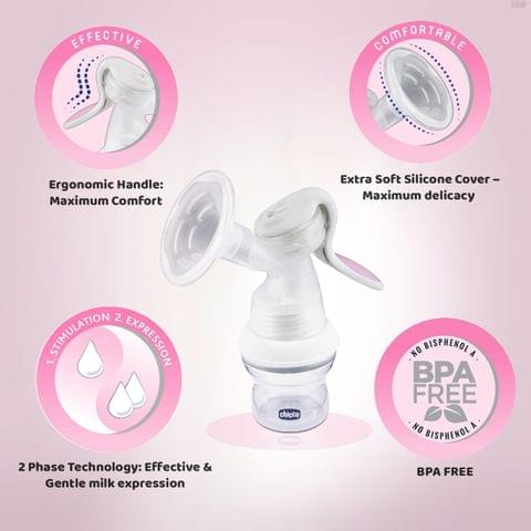 Chicco Natural Feeling Manual Breast Pump with 2 Phase Pumping Technology, Extra Soft Silicone Cup & Easy Grip Handle, BPA Free