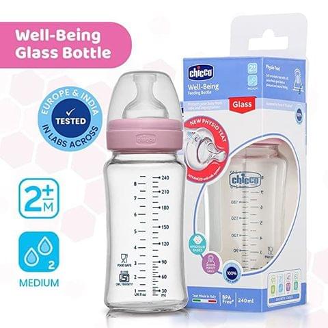 Chicco Well-Being Glass Feeding Bottle (240ml, Medium Flow)