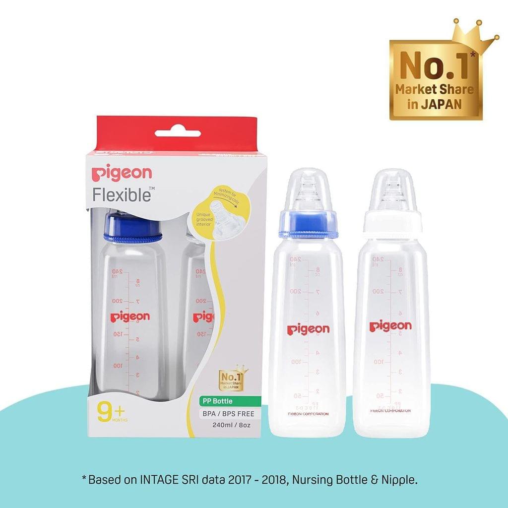 Pigeon Peristaltic Baby Feeding Bottle with L Nipple ,BLUE and White, 240 ml,Pack of 2 - 88045