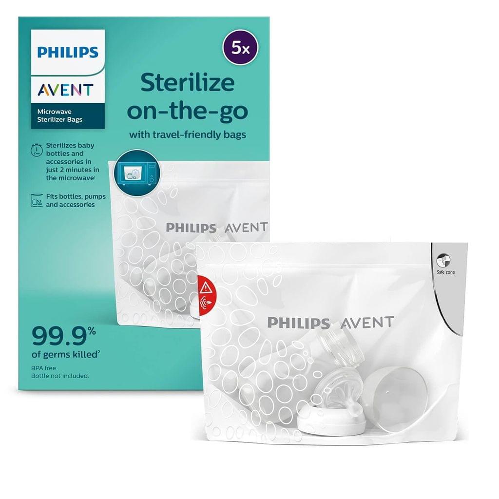 Phillips Avent Microwave Sterilizing Bag SCF297/05 | Kills 99.9% Germs | Sterilizes Bottles, Breast Pump and Baby Products in 90 sec | 100 Sterilization Cycle in one Pack | Pack of 5 Bags