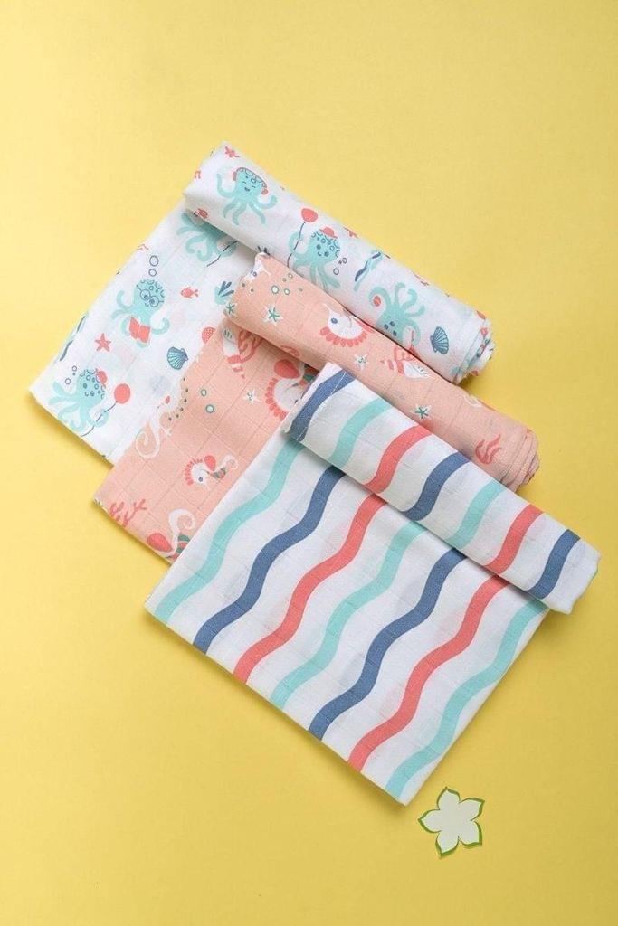 Kaarpas Ocean Dive organic muslin cotton swaddle 3 pack: Octopus, Seahorse and Dreamy Waves