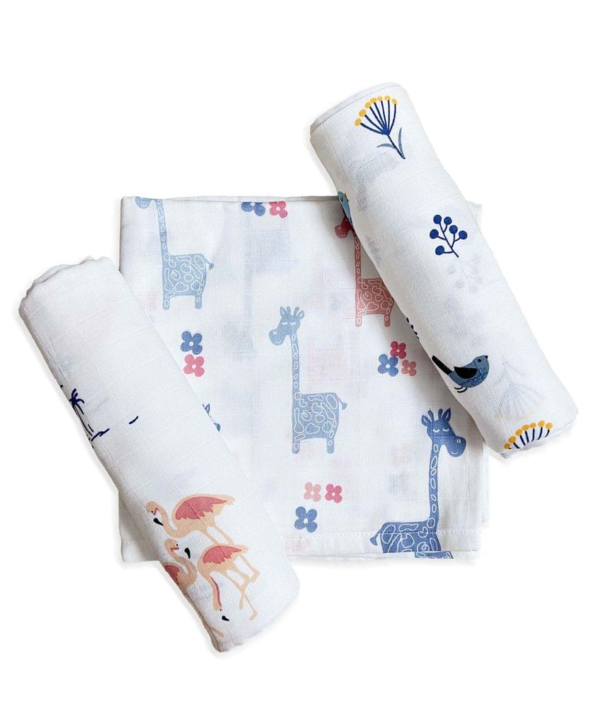 TinyLane 100% Organic Bamboo:Cotton Muslin Baby Swaddle Wrappers Bird Giraffe & Flamingo Print Pack of 3- Multicolor