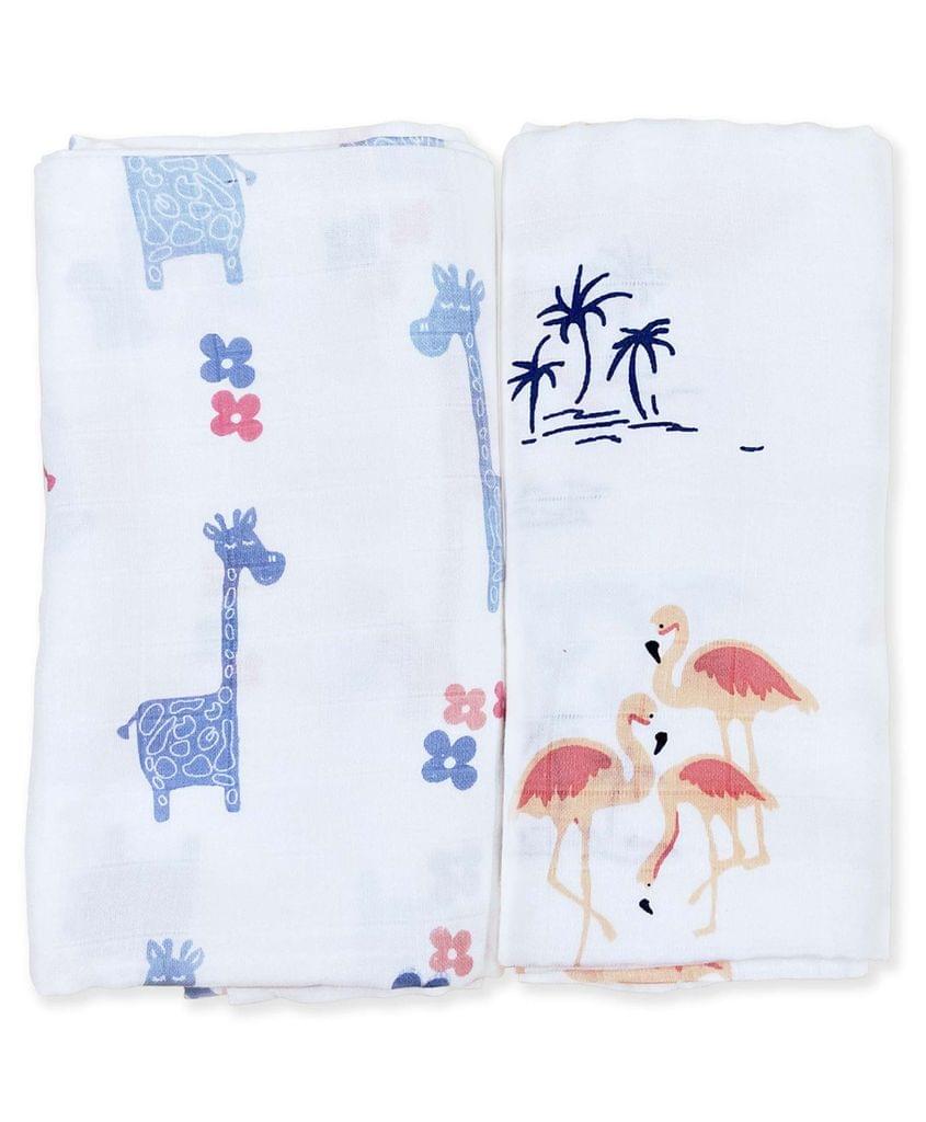 TinyLane 100% Organic Bamboo Cotton Muslin Baby Swaddle Wrappers Flamingo & Giraffe Print Pack of 2- Multicolor