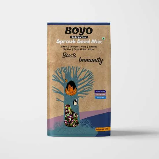 BOYO Sprout Seed Mix for Immunity Builder 400g - Mung, Chickpea, Alfalfa, Adzuki, Almonds, Finger Millet, Mustard - 100% Vegan, Gluten-Free, Natural