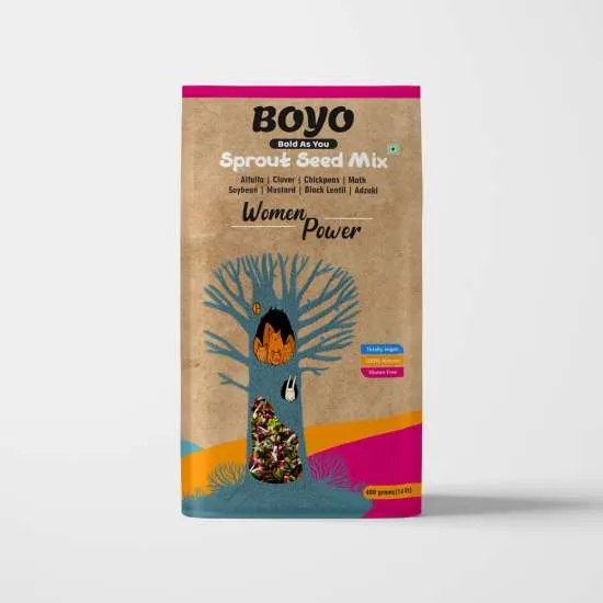 BOYO Sprout Seed Mix for Women's Health 400g - Chickpeas, Alfalfa, Clover, Adzuki, Black Lentil, Soyabean, Moth, Mustard