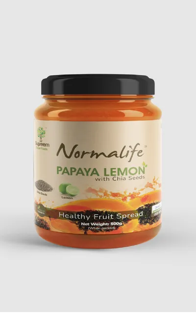 Supreem Super Foods Normalife™ Papaya Lemon Healthy Fruit Spread with Chia Seeds (200 gms) | 100% Vegan | Low Calories | Made with Diabetic Friendly Sugar | No Artificial Colours & Flavours