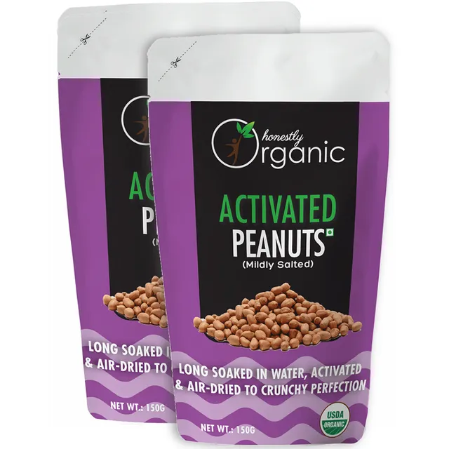 Activated Organic Peanuts - Mildly Salted (USDA Organic, Long Soaked & Air Dried to Crunchy Perfection) - 150G (Pack of 2)
