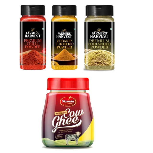 Farmers Harvest Multi Combo pack of 4 - (Red Chilli Powder - 100g, Coriander Powder - 100g, Turmeric Powder - 100g and Pure Cow Ghee - 200ml Pouch)