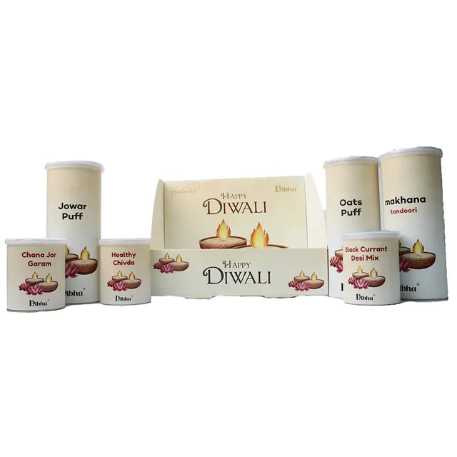 DIBHA-RUCHOKS Diwali Premium Healthy Snacking Hamper Set Of 6 (3 Big Tin - Tandoori Makhana, Oats Puff, Jowar Puff) + (3 Small Tin - Chana Jor Garam, Black Currant Desi Mix, Healthy Chivda) 480g D09