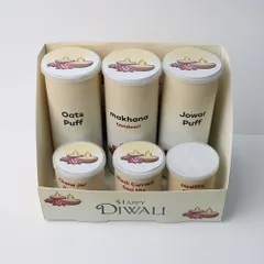 DIBHA-RUCHOKS Diwali Premium Healthy Snacking Hamper Set Of 6 (3 Big Tin - Tandoori Makhana, Oats Puff, Jowar Puff) + (3 Small Tin - Chana Jor Garam, Black Currant Desi Mix, Healthy Chivda) 480g D09
