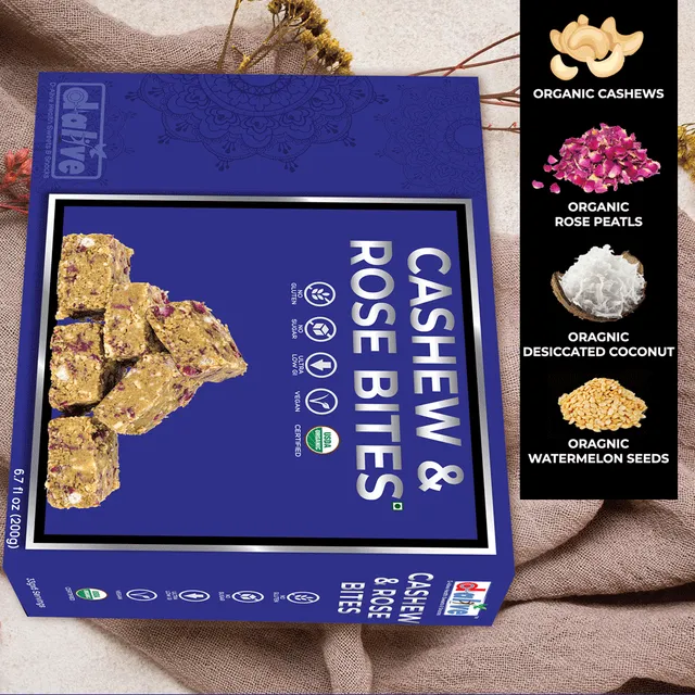 D-Alive Cashew & Rose Bites (Indian Sweets, Mithai) - 200g (USDA Organic Certified, No Gluten, No Added Sugar, No Artificial Sweeteners, Ultra Low Carb, Keto & Paleo Friendly, No Lactose, 100% Vegan, Nutrient Dense & Tasty Snack / Dessert)