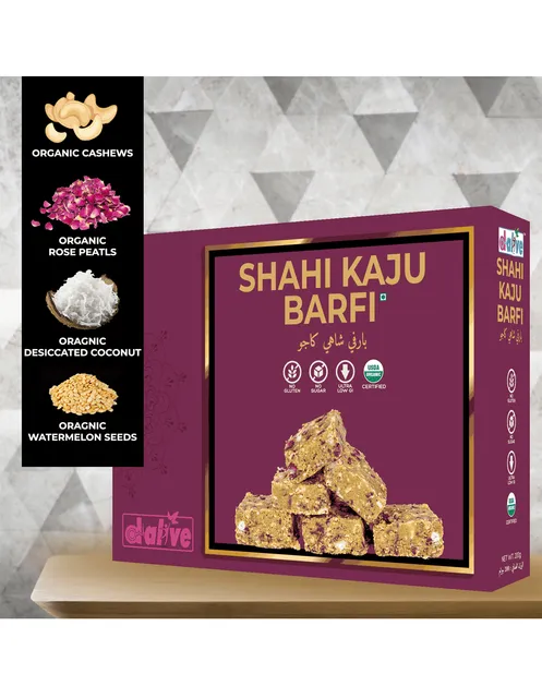 D-Alive Shahi Kaju Barfi (Indian Sweets, Mithai) - 200g (USDA Organic Certified, No Gluten, No Added Sugar, No Artificial Sweeteners, Ultra Low Carb, Keto & Paleo Friendly, No Lactose, Vegan, Nutrient Dense & Tasty Snack / Dessert, No Additives, No Preservatives, No Emulsifiers, Low Carb & High Protein, Ideal Post-Workout Snack)