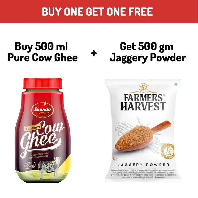 Farmers Harvest Festive Combo Offer - Buy 500ML Pure Cow Ghee and Get 500g Jaggery Powder Free