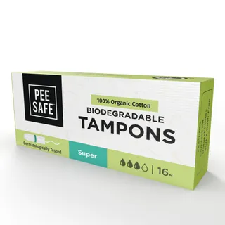 Pee Safe 100% Organic, Biodegradable Cotton Tampons - Pack of 16 (Super)