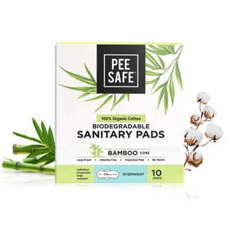 Pee Safe Organic Cotton Biodegradable Sanitary Pads, Overnight | Anti-Bacterial | Superb Absorbency | Long Lasting Protection | Skin Friendly | Comfortable & Easy To Use | Pack of 10