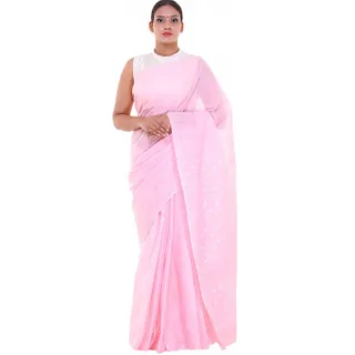 Lavangi Women Lucknow Chikankari Keel Work Pink Cotton Saree With Blouse