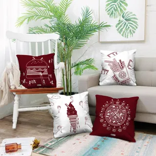 Indigifts Diwali Decoration for Home, Satin Small Warli Art Food Lovers Themed Ethnic Designer Printed Cushion Cover Square Pillow Set of 4 with Filler for Foodie (12x12 Inch)