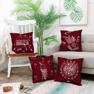 Indigifts Food Diwali Decoration for Home, Satin Warli Art Lovers Themed Ethnic Designer Printed Small Cushion Cover Square Pillow Set of 4 with Filler for Foodie (12x12 Inch)