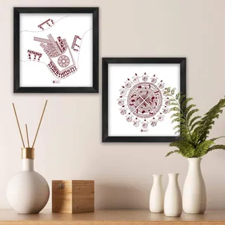 Indigifts Warli Art Wall Décor for Living Room Food Lover Artistic Print Poster Frames 10x10 Set of 2 - Home Wall Decorations Items, Gift for Foodie Friend