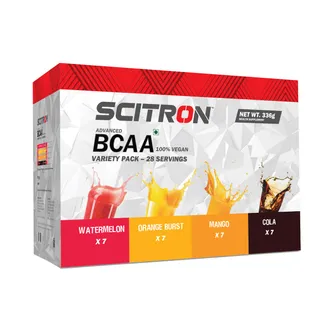 Scitron Advanced BCAA 100% Vegan Variety Box - (28 Sachets) (Watermelon, Mango, Cola, Orange Burst)
