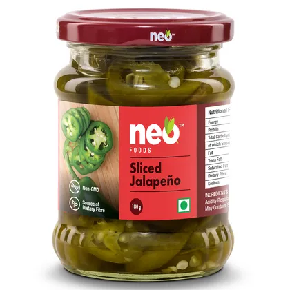 Neo Sliced Jalapeno 180g | 100% Vegan I Ready-to-Eat, Fibre-Rich I Pickled Jalapenos I Enjoy as topping for Pizza, Pasta, Salads, Burger & Wraps I Non-GMO I Glass Jar |