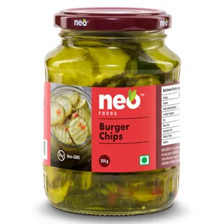 Neo Burger Chips 350g| 100 % Vegan I Low Fat Sweet and Salty Gherkin Slices| Ready to Eat | No GMO I Make Burger, Sandwich & Salads | Glass Jar |
