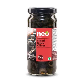 Neo Sliced Blacked Olives 220g | Low Fat Ready-to-Eat Healthy Snack, Source of Fibre l Enjoy as Topping for Pizza & Pasta | Glass Jar |