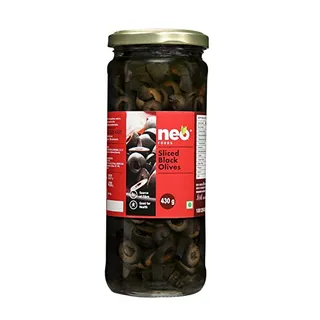 Neo Sliced Blacked Olives 430g | Low Fat Ready-to-Eat Healthy Snack, Source of Fibre l Enjoy as Topping for Pizza & Pasta | Glass Jar |