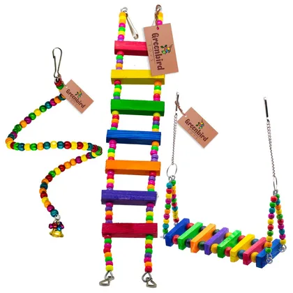 GREENBIRDS Combo Of 3 Bird Toys Spiral Hanging, Wooden Swing & Ladder For Bird & Parrot