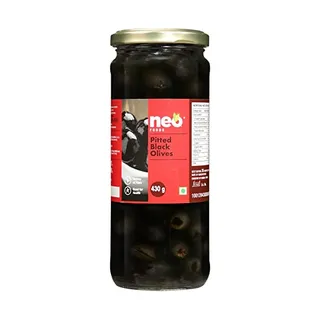 Neo Pitted Blacked Olives 430g | Low Fat Ready-to-Eat Healthy Snack, Source of Fibre l Enjoy as Topping for Pizza & Pasta | Glass Jar |